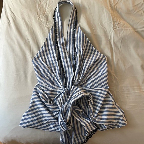 Zara Blue/White Striped Halter Wrap Top with Embroidery - Picture 6 of 9